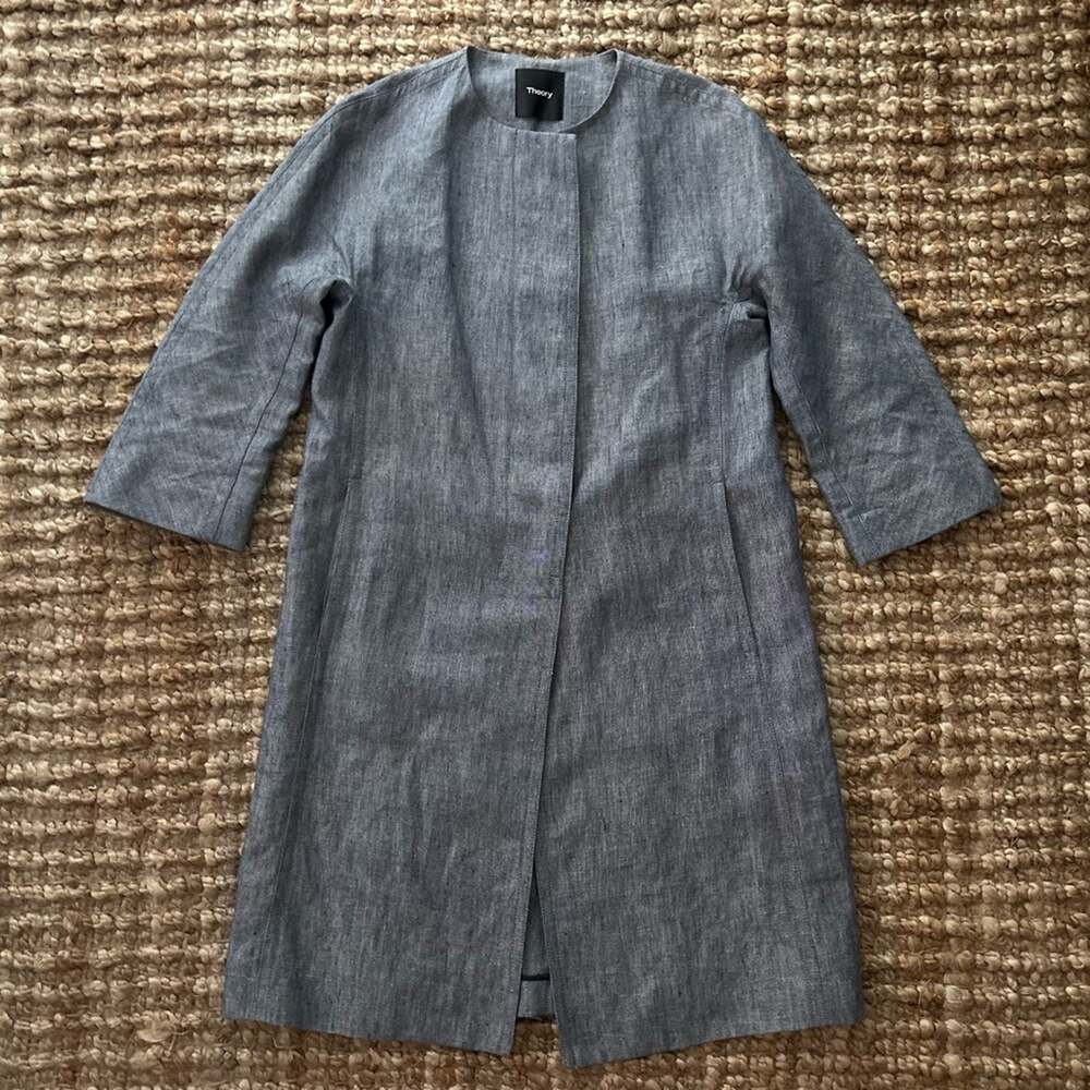 Theory 100% Linen Blue Gray Minimalist Long Coat Jacket XS Petite NWOT Luxury